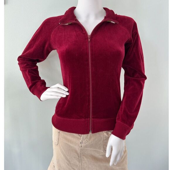 Vintage Y2k Velour Track Jacket Burgundy Red Zip Up Retro Style size Small - Picture 5 of 8